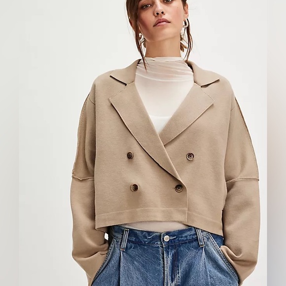 We the Free Free People Sadie Crop Sweater Knit Blazer Taupe Brown Tree House XL - Picture 5 of 8